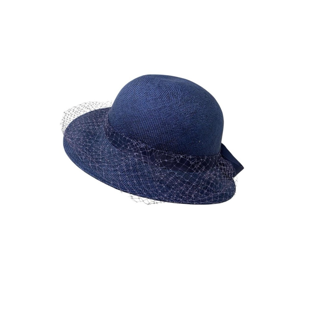 Vintage Womens Miss Bierner Navy Blue Straw Hat Bow Netting Church Easter Derby - Picture 2 of 6